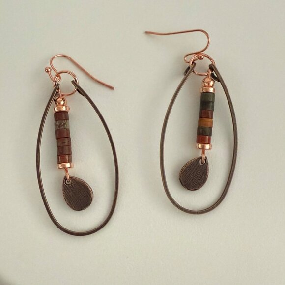 Copper Drop Hoop Teardrop Earrings Multicolor Beads Boho Earthy Indie Artistic - Picture 3 of 8